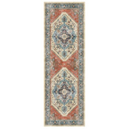 Blue Bordered Geometric Rug For Bedroom, & Living Room, 7mm Thick Stain-Resistant Traditional Rug - 60Cm X 180Cm (Runner) - thumbnail 4