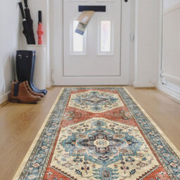 Blue Bordered Geometric Rug For Bedroom, & Living Room, 7mm Thick Stain-Resistant Traditional Rug - 60Cm X 180Cm (Runner)