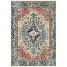 Blue Bordered Geometric Rug For Bedroom, & Living Room, 7mm Thick Stain-Resistant Traditional Rug - 60Cm X 180Cm (Runner) - thumbnail 3