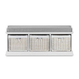 Statement Furniture Tetbury Bench With 3 White Wicker Baskets And Grey Cushion- White - thumbnail 4