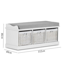 Statement Furniture Tetbury Bench With 3 White Wicker Baskets And Grey Cushion- White - thumbnail 2