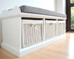 Statement Furniture Tetbury Bench With 3 White Wicker Baskets And Grey Cushion- White
