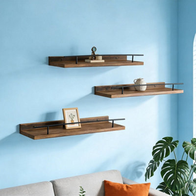 Brown Set Of 3 Floating Wall Shelves Picture Ledge Display Rack Book - image 1