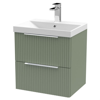 Balterley Tixall Fluted 2 Drawer Wall Hung Vanity Unit With Thin Edge Basin, Satin Green, 500mm - image 1