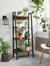 LEDREM Ladder Shelf, Bookcase With 4 Levels, Standing Storage Unit, Office, Living Room, Bedroom, Kitchen,rustic Brown And Black - thumbnail 4