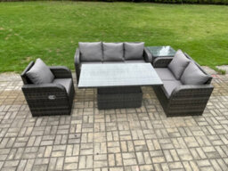 Fimous Outdoor Rattan Furniture Garden Dining Set Patio Height Adjustable Rising Lifting Table Reclining Chair With Side Table - thumbnail 2