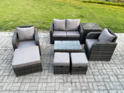 Fimous Wicker Pe Rattan Outdoor Furniture Set Garden Love Sofa Coffee Table 2 Armchair 3 Footstools Side Table Dark Grey Mixed - thumbnail 1