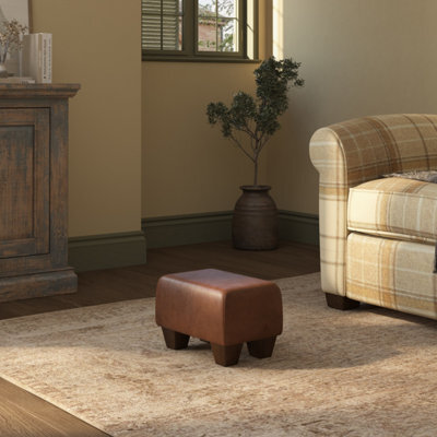 Rust Brown Mahogany Wood Chunky Legs Italian Leather Small Footstool Handmade Uk By Footstools Direct - image 1