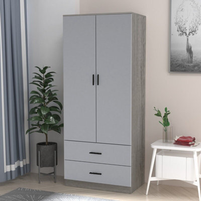 Urbnliving 180Cm Tall Wooden 2 Door Wardrobe With 2 Drawers Ash Grey Carcass And Grey Drawers Bedroom Storage Hanging Bar Clothes - image 1