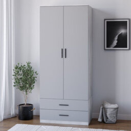 Urbnliving 180Cm Tall Wooden 2 Door Wardrobe With 2 Drawers Ash Grey Carcass And Grey Drawers Bedroom Storage Hanging Bar Clothes - thumbnail 2