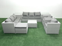 Fimous Outdoor Rattan Sofa Garden Furniture Set 2 Armchairs Square Coffee Table Big Stool 2 Side Tables Light Grey - thumbnail 2