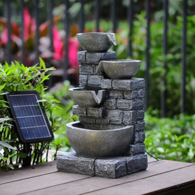 Breeins Rustic Style Faux Stone Wall 4-Tiered Bowl Solar-Powered Outdoor Water Fountain Garden Decor, 45Cm H - image 1