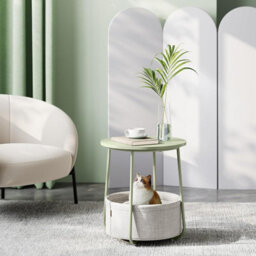 End Table With Round Top And Fabric Basket, Elegant Accent Piece For Living Or Bedroom, Laurel Green And Cream White