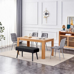 Kosy Koala Oak Effect Dining Table With 4 Grey Velvet Chairs And 1 Black Bench Dining Room Furniture - thumbnail 1