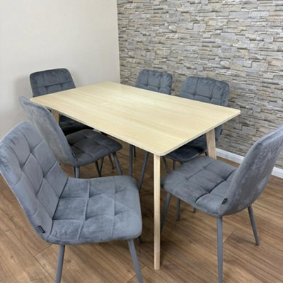 Doubs Dining Table Set With 6 Grey Velvet Chairs, Oak Effect Table - image 1