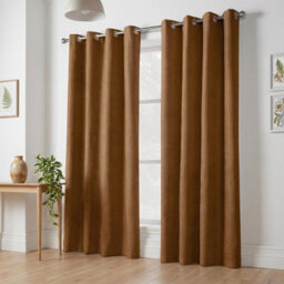 Luxury Living Velvet Chenille Eyelet Curtains Ready Made Pair Tan - thumbnail 6