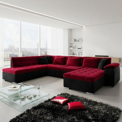 Niko Bis Fold Out U Shape Corner Sofa Chipboard Frame With Storage Bed 350X205X76 Cm Red And Black Right - image 1