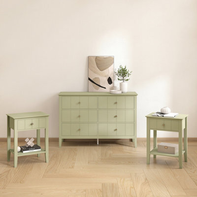 Melody Maison Sage Green 6 Drawer Chest Of Drawers & Pair Of One Drawer Bedside Tables - Padstowe Sage Green Range - image 1