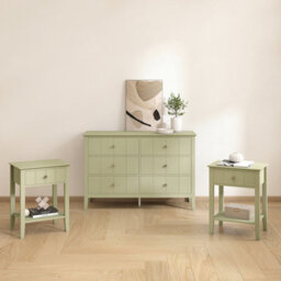 Melody Maison Sage Green 6 Drawer Chest Of Drawers & Pair Of One Drawer Bedside Tables - Padstowe Sage Green Range