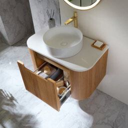 Homestylestore 800mm Oak Wall Hung Fluted Bathroom Vanity Unit And Round Basin - thumbnail 2