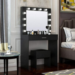 Home Source Ella Black Dressing Table With Stool And Led Lights Mirror - thumbnail 1