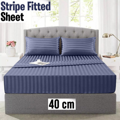 Ameha Stripe Fitted Sheet 40 Cm Deep Pocket- Hypoallergenic Easy Care Washed Blue Bed Sheets Uk Super King Bedsheet(180X200Cm)