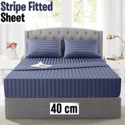 Ameha Stripe Fitted Sheet 40 Cm Deep Pocket- Hypoallergenic Easy Care Washed Blue Bed Sheets Uk Super King Bedsheet(180X200Cm) - thumbnail 1