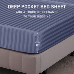 Ameha Stripe Fitted Sheet 40 Cm Deep Pocket- Hypoallergenic Easy Care Washed Blue Bed Sheets Uk Super King Bedsheet(180X200Cm) - thumbnail 5