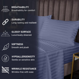 Ameha Stripe Fitted Sheet 40 Cm Deep Pocket- Hypoallergenic Easy Care Washed Blue Bed Sheets Uk Super King Bedsheet(180X200Cm) - thumbnail 2