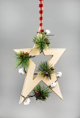 Shatchi Wooden Hanging Decoration Star Shape Cream 18X1.2X26 Cm - image 1