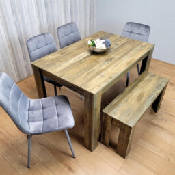 Kosy Koala Rustic Wooden Dining Table Set For 6 With 4 Grey Velvet Chairs And Bench
