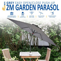 Sunmer 2M Push-Up Garden Parasol Sun Shading Umbrella With Tilt, Water Repellent Polyester, Powder-Coated Steel Frame - Grey - thumbnail 2