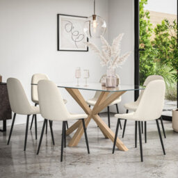 More4Homes Etta Glass Dining Table And Chairs - Glass Top W Solid Oak Legs + Maya Boucle Dining Chair Set Of 6 (Ivory White)