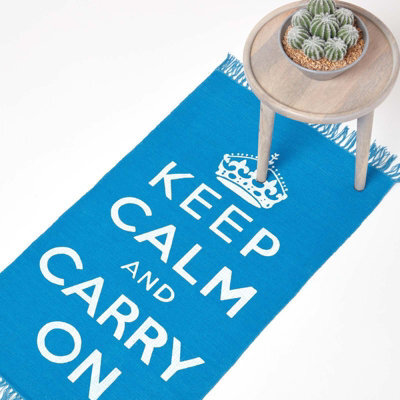 Homescapes Keep  Calm And Carry On Handwoven 100% Cotton Rug In Blue & White, 60 X 100 Cm - image 1
