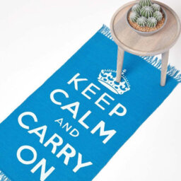 Homescapes Keep  Calm And Carry On Handwoven 100% Cotton Rug In Blue & White, 60 X 100 Cm