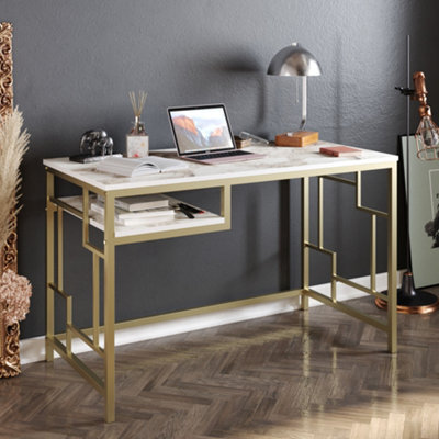 Decorotika Victory Study And Writing Desk White Marble Effect & Gold - image 1