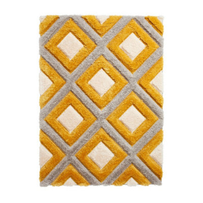 Grey Yellow Shaggy Rug, 40mm Thickness Geometric Rug, Modern Grey Yellow Rug For Bedroom, & Dining Room-80Cm X 150Cm