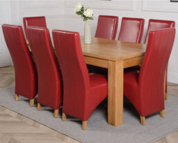 That's Furniture Dakota 182 X 92 Cm Chunky Oak Large Dining Table And 8 Chairs Dining Set With Lola Burgundy Leather Chairs