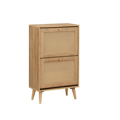 Oak & Rattan 2 Door Flip Down Shoe Storage Cabinet Rack Hallway Furniture - image 1