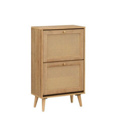 Oak & Rattan 2 Door Flip Down Shoe Storage Cabinet Rack Hallway Furniture - thumbnail 1
