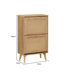 Oak & Rattan 2 Door Flip Down Shoe Storage Cabinet Rack Hallway Furniture - thumbnail 2