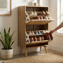 Oak & Rattan 2 Door Flip Down Shoe Storage Cabinet Rack Hallway Furniture - thumbnail 5