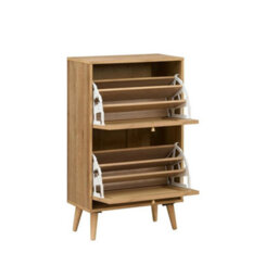 Oak & Rattan 2 Door Flip Down Shoe Storage Cabinet Rack Hallway Furniture - thumbnail 4