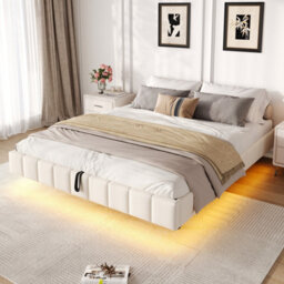 Matteo 4Ft6 Double Floating Bed Frame, Hydraulic Storage & Smart Rgb Led Lights, Linen, Beige - thumbnail 3