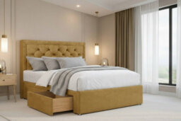 "Nexus Tuscany Mustard Plush Divan Bed Base 2 Drawers Same Side With 54"" Floor Standing Headboard 6' Super King" - thumbnail 3
