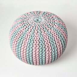 Homescapes Pink And Blue Knitted Pouffe Striped Footstool 35 X 40 Cm - thumbnail 3