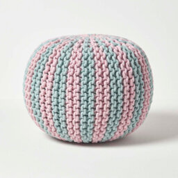 Homescapes Pink And Blue Knitted Pouffe Striped Footstool 35 X 40 Cm - thumbnail 1