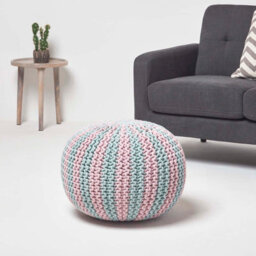 Homescapes Pink And Blue Knitted Pouffe Striped Footstool 35 X 40 Cm - thumbnail 2