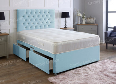 Comfy Deluxe Sky Blue   Plush 4Ft6 Double Divan Bed With Mattress And Headboard No Drawers