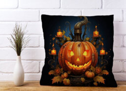 Warren Reed Designer Spooy Pumpkin With Leaves And Small Candles Cushions 60Cm X 60Cm - thumbnail 2
